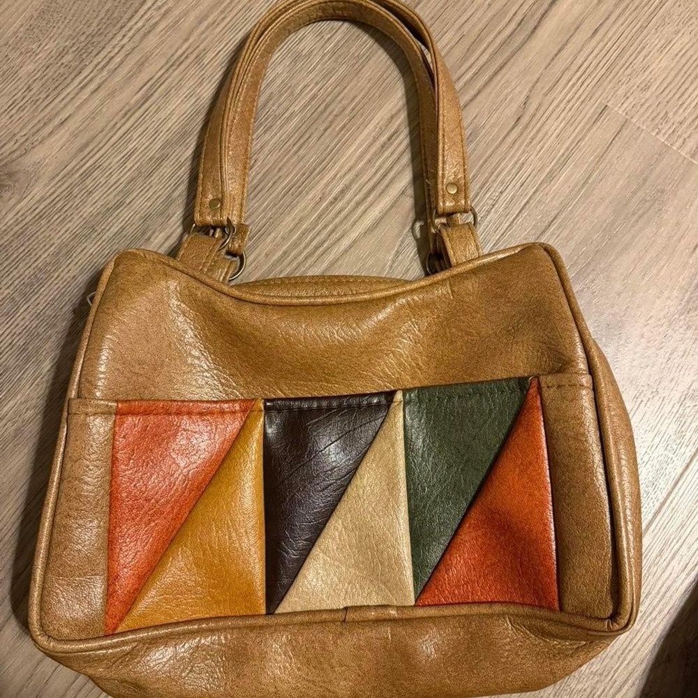 Carolina Made Handbag Womens Tan Vintage 70s 80s Patchwork Faux Leather